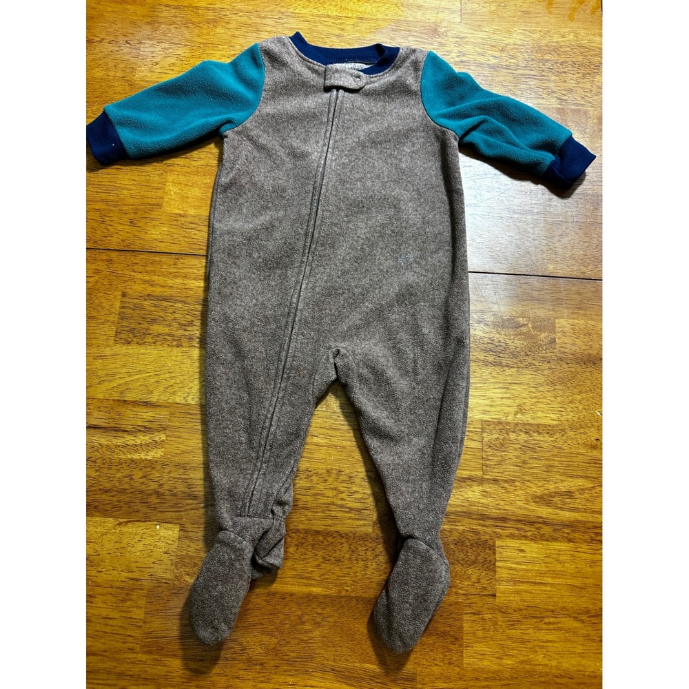 Carters Baby Boys Brown Teal Fleece Footed Sleeper Pajamas 6M Raglan Zip Up